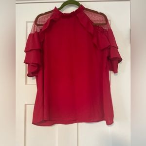 Super Cute Short Sleeved Red Blouse with Polka Dot Peek-a-Boo Shoulders